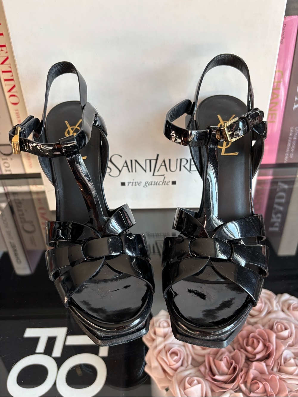 Saint Laurent Black Patent Leather T-Strap Platform Sandals Tribute Sandal